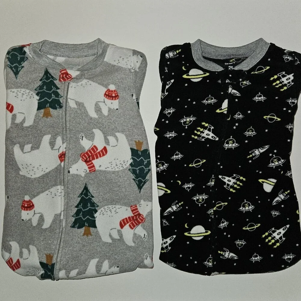 2 Carter's Footie Pajamas Lot Toddler Boy 2T Gray Polar Bear Black Planets Space
